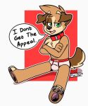 5:6 anthro barefoot black_pawpads briefs briefs_only brown_body brown_fur bulge canid canine canis clothed clothing collar colored_seam_underwear crossed_arms dialogue domestic_dog english_text feet fenn_(ziggy_fox) fur green_eyes half-closed_eyes hi_res male mammal narrowed_eyes pawpads red_background red_clothing red_collar red_seam_briefs red_seam_underwear shadow simple_background sitting solo tan_body tan_fur text tighty_whities topless underwear underwear_only white_background white_briefs white_clothing white_underwear ziggy_fox
