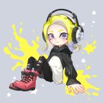 1girl arm_support black_pants blonde_hair boots closed_mouth commentary_request cross-laced_footwear gradient_hair grey_background headphones highres hood hood_down hoodie long_hair looking_at_viewer multicolored_hair octoling octoling_girl octoling_player_character ot_rihto pants pink_footwear purple_eyes purple_hair sitting smile solo splatoon_(series) splatoon_3 splatter star_(symbol) suction_cups tentacle_hair torn_clothes torn_pants two-tone_hair two-tone_hoodie 