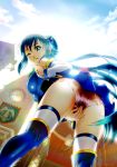  absurdres aqua_(konosuba) aqua_eyes ass bent_over between_legs blue_hair blue_legwear boots breasts building cloud cloudy_sky covering covering_crotch dated day detached_sleeves dress finger_to_mouth hair_bobbles hair_ornament hair_rings hand_between_legs highres index_finger_raised kono_subarashii_sekai_ni_shukufuku_wo! lens_flare long_hair looking_at_viewer looking_back medium_breasts no_panties one_eye_closed oshiyon see-through short_dress sky smile solo standing sunlight thigh_boots thighhighs twitter_username white_legwear 