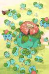  6+others blue_skin bulbasaur colored_skin ditto evolutionary_line fangs flower from_above grass highres ivysaur multiple_others newo_(shinra-p) no_humans open_mouth pokemon pokemon_(creature) red_eyes sleeping tongue tongue_out transformed_ditto venusaur 