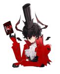  1boy amamiya_ren arsene_(persona_5) arsene_(persona_5)_(cosplay) ascot black_gloves black_hair black_hat black_vest card cheese_dakke closed_mouth coat cosplay cropped_torso drawn_wings elbow_rest gloves hair_between_eyes hat heart heart_print highres holding holding_card horns long_sleeves looking_at_viewer male_focus open_clothes open_coat persona persona_5 red_coat red_eyes short_hair simple_background smile solo top_hat upper_body vest white_ascot white_background 