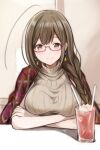  1girl ahoge arms_under_breasts bespectacled blush breasts brown_hair crossed_arms glasses huge_ahoge idolmaster idolmaster_shiny_colors kuwayama_chiyuki large_breasts long_braid looking_at_viewer nannacy7 red-framed_eyewear red_shawl shared_drink shawl smile solo 