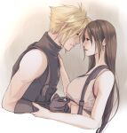  black_hair breasts clothes_lift cloud_strife couple crop_top eye_contact final_fantasy final_fantasy_vii final_fantasy_vii_rebirth final_fantasy_vii_remake hand_on_another&#039;s_chest highres imminent_kiss long_hair looking_at_another mixmomo_yah scar shirt_lift sleeveless sleeveless_turtleneck spiked_hair suspenders tank_top tifa_lockhart turtleneck underboob 