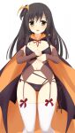  1girl ass_visible_through_thighs bat_hair_ornament bikini black_bikini black_cloak black_hair blunt_ends blush breasts cleavage cloak commentary curvy detached_sleeves feet_out_of_frame garter_straps groin hair_between_eyes hair_ornament halloween_costume hands_up highres komatsu_(sakanae) large_breasts long_hair looking_at_viewer navel official_alternate_costume official_alternate_hairstyle one_side_up open_mouth orange_cloak red_ribbon ribbon sanoba_witch side-tie_bikini_bottom simple_background sleeves_past_wrists smile solo standing straight-on straight_hair swimsuit thighhighs togakushi_touko two-sided_cloak two-sided_fabric white_background white_thighhighs yellow_eyes 