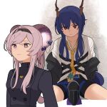  2girls animal_ears arknights black_shorts blue_hair ch&#039;en_(arknights) collared_shirt commentary_request dragon_girl dragon_horns foot_on_pussy highres horns lin_(arknights) long_hair mouse_ears mouse_girl multiple_girls necktie pe3075 purple_eyes purple_hair red_eyes shirt shorts simple_background twintails white_background white_shirt yellow_necktie 