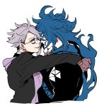  2boys ahoge arms_on_another&#039;s_shoulder azul_ashengrotto blue_hair blue_lips evil_smile fiery_hair furrowed_brow glasses gloves grey_hair hand_on_another&#039;s_chin highres idia_shroud isofu multiple_boys scarf short_hair smile twisted_wonderland undercut yaoi 