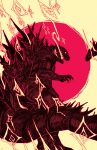  absurdres blank_eyes claws colored_sclera english_commentary full_body genc godzilla godzilla_(series) hands_up highres limited_palette looking_at_viewer looking_back monster no_humans open_mouth red_sun sharp_teeth solo spines standing tail teeth yellow_background yellow_sclera 