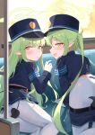  2girls absurdres ass black_hat black_jacket black_shorts black_skirt blue_archive blush clothes_pull gloves green_hair green_halo halo hat highlander_sidelocks_conductor_(blue_archive) highlander_twintails_conductor_(blue_archive) highres jacket kuroliu_9021 long_hair long_sleeves multiple_girls open_mouth pantyhose parted_lips peaked_cap pleated_skirt pointy_ears shorts shorts_pull skirt smile white_gloves white_pantyhose yellow_eyes 