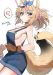  1girl ? absurdres animal_ear_fluff animal_ears arrow_(symbol) black_hair blonde_hair blue_bow blue_hair bow breasts brown_gloves camera facial_mark fox_ears fox_girl fox_tail gloves hair_bow hair_ornament hair_scrunchie heart heart-shaped_pupils heart_o-ring highres hololive multicolored_hair naked_overalls omaru_polka overalls pink_hair pink_pupils pink_scrunchie scrunchie sideboob spoken_question_mark streaked_hair sui_hi_sf symbol-shaped_pupils tail virtual_youtuber 