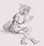 anthro bottomwear clothing dorsal_fin ears_up female fin fish footwear gesture hi_res looking_at_viewer marine monochrome o_squeaks_o shark shirt shoes sitting sketch skirt socks solo squeaks_(o_squeaks_o) tail tail_fin topwear waving waving_at_viewer