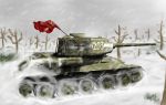  engrish_commentary ground_vehicle military military_vehicle motor_vehicle no_humans original sky snow snowing soviet_flag t-34-85 tank thesourkraut tree 
