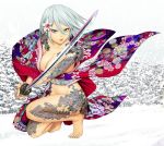  barefoot blue_eyes breasts cleavage collarbone day ex-arm eyeliner fighting_stance floral_print flower full_body groin hair_between_eyes hair_flower hair_ornament holding holding_sword holding_weapon honeycomb_(pattern) japanese_clothes katana kimono kneeling looking_at_viewer makeup navel official_art one_knee outdoors pink_lips sash shinya_komi short_hair silver_nails snow solo sword tattoo toenail_polish toes tree weapon white_hair winter 