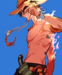  1boy back_tattoo bead_necklace beads black_shorts blue_background brown_hair cowboy_shot facing_to_the_side fire freckles grin hat highres jewelry male_focus necklace one_piece parted_bangs portgas_d._ace profile sheath short_hair shorts smile solo tattoo teeth toned toned_male topless_male yanfenguo_gao 