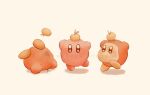  3boys balancing brown_footwear colored_skin dot_mouth faceplant fallen_down food food_on_head fruit fruit_on_head full_body kirby kirby_(series) light_blush mandarin_orange multiple_boys no_mouth object_on_head pink_skin red_footwear starossa_kirby twitter_username waddle_dee waddle_doo watermark white_background 