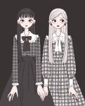 2girls absurdres black_background black_bow black_eyes black_hair black_nails black_shirt black_skirt black_sleeves blunt_bangs bow bowtie buttons collar collared_shirt cowboy_shot dress earrings eyeshadow frilled_shirt_collar frilled_sleeves frills grey_dress grey_sleeves high-waist_skirt highres holding_hands jewelry lipstick long_hair long_sleeves looking_at_viewer looking_to_the_side makeup multiple_girls nail_polish original parted_lips pink_eyeshadow plaid plaid_gloves plaid_shirt plaid_sleeves purple_lips red_nails rikuwo ring shirt simple_background single_sidelock skirt straight-on straight_hair white_bow white_bowtie white_collar white_hair 
