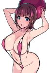  1girl amami_haruka armpits arms_up ball bare_shoulders beachball blush breasts brown_hair cleavage collarbone covered_nipples hair_ribbon hidebou highres idolmaster idolmaster_(classic) large_breasts looking_at_viewer navel open_mouth ribbon short_hair slingshot_swimsuit solo swimsuit thighs 