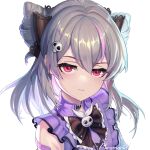  1girl closed_mouth dress grey_hair hair_between_eyes highres honkai_(series) honkai_impact_3rd looking_at_viewer miramarin prometheus_(honkai_impact) red_eyes 