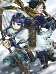  1boy 1girl ainu ainu_clothes aqua_eyes arrow_(projectile) asirpa black_footwear black_hair blue_headband blue_jacket boots bow_(weapon) clenched_teeth cloak drawing_bow earrings fighting_stance fur_boots fur_cloak golden_kamuy hat headband highres holding holding_arrow holding_bow_(weapon) holding_weapon hoop_earrings jacket jewelry kiririyokkoisho long_hair on_one_knee scar scar_on_face scarf short_hair sidelocks snowing sugimoto_saichi teeth weapon white_cloak yellow_scarf 