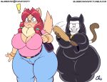  ! 2018 anthro big_breasts blue_eyes breasts cat cindy_(nekocrispy) clothed clothing cross digital_media_(artwork) duo ear_piercing eyewear feline female fully_clothed glasses grin hair holding_object jewelry mammal necklace nekocrispy nun ophelia_(sssonic2) overweight overweight_female paddle piercing pink_nose red_hair signature simple_background smile thick_thighs url white_background wide_hips 