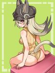  1girl animal_ears animal_hat ass black_hair black_hat brown_panties brown_shirt cat_ears cat_girl cat_hat cat_tail cougar_(cougar1404) from_behind gradient_hair green_background grey_hair hashtag-only_commentary hat long_hair looking_at_viewer looking_back multicolored_hair no_pants original panties parted_lips ribbed_panties ribbed_shirt shirt sitting sleeveless sleeveless_shirt solo tail turtleneck underwear 