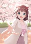  1girl amami_haruka beckoning blush breasts brown_hair cardigan cherry_blossoms collarbone falling_petals foreshortening hair_ribbon highres idolmaster idolmaster_(classic) idolmaster_million_live! medium_breasts outdoors petals pink_shirt pink_skirt ribbon shirt shirt_tucked_in skirt smile solo uco225 white_cardigan 