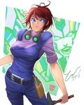  1girl autobot belt blue_eyes blue_overalls breasts hammer large_breasts nautica_(transformers) overalls purple_sweater red_hair short_hair solo sweater the_transformers_(idw) transformers zoner 