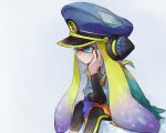  1girl agent_3_(splatoon) black_headphones black_shorts blonde_hair blue_eyes blue_hat blue_shirt cloak closed_mouth commentary_request cowboy_shot from_side gradient_hair hand_on_own_cheek hand_on_own_face hat head_rest headphones inkling invisible_chair layered_shirt long_hair long_sleeves military_hat multicolored_cloak multicolored_hair ot_rihto peaked_cap purple_hair shirt shorts sitting solo splatoon_(series) splatoon_3 tentacle_hair torn_cloak torn_clothes twintails two-tone_hair very_long_hair white_background 