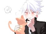  1boy animal blush cat drooling earrings jewelry looking_at_another male_focus red_eyes rough_(talesrunner) silver_hair simple_background spiked_hair sweat talesrunner white_background 