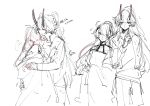 2girls absurdres blue_eyes blush closed_mouth commentary_request greyscale hand_on_another&#039;s_chest hand_on_another&#039;s_shoulder hand_on_another&#039;s_waist highres honkai_(series) honkai_impact_3rd horns kiana_kaslana leaning_on_person long_hair monochrome moonsun77773 multicolored_hair multiple_girls notice_lines ponytail raiden_mei sketch spot_color streaked_hair translation_request yuri 