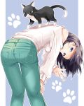  :&lt; animal ass bare_shoulders black_eyes blue_background blue_eyes breasts brown_hair cat closed_mouth commentary_request denim green_pants hand_on_leg jeans leaning_forward long_hair long_sleeves medium_breasts original pants ribbed_sweater shiro_kuma_shake shoulder_cutout sleeves_past_wrists smile solo standing sweater two-tone_background v white_background white_sweater 