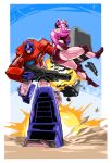  1girl autobot biting_own_lip blue_eyes character_name elita_one explosion gun holding holding_gun holding_weapon looking_down looking_up makoto_ono mecha mecha_focus optimus_prime parted_lips robot sky trailer transformers transformers:_generation_1 weapon 