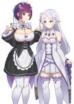  absurdres alternate_costume alternate_hair_length alternate_hairstyle apron black_dress black_ribbon blunt_bangs breasts bright_pupils cleavage clothing_cutout commentary_request cosplay detached_collar detached_sleeves dress elf emilia_(re:zero) emilia_(re:zero)_(cosplay) enmaided fern_(sousou_no_frieren) flower flower_knot frieren gem green_eyes green_gemstone grey_hair hair_flower hair_ornament highres komainu_(yamaha1997) long_hair long_sleeves maid maid_headdress neck_ribbon overskirt parted_bangs pointy_ears purple_eyes purple_ribbon ram_(re:zero) ram_(re:zero)_(cosplay) ribbon rose roswaal_mansion_maid_uniform short_eyebrows short_hair shoulder_cutout small_breasts sousou_no_frieren textless_version thighhighs white_apron white_background white_dress white_flower white_pupils white_rose white_thighhighs wide_sleeves x_hair_ornament 