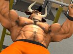 2024 2_horns abs anthro armpit_hair barbell bench biceps black_hair black_wristband body_hair bottomwear bovid bovine braford brown_body brown_fur cattle clothed clothing exercise facial_hair fur goatee green_eyes gym hair happy_trail horn inside looking_at_viewer lying male mammal meme muscular muscular_anthro muscular_male navel nipples obliques on_back on_bench orange_bottomwear orange_clothing orange_shorts oscar_(braford) pec_pov_meme pecs pubes shorts smile solo topless triceps weight_bench weightlifting workout wristband