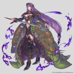  1girl armored_boots boots breasts cleavage closed_mouth clothing_cutout dress full_body hair_ornament hel_(valkyrie_profile) high_heel_boots high_heels highres holding holding_sword holding_weapon long_hair long_sleeves navel official_art purple_hair purple_lips red_eyes simple_background solo stomach_cutout sword third-party_source valkyrie_anatomia valkyrie_profile_(series) very_long_hair weapon 