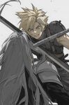  2boys aqua_eyes armor battle belt black_coat black_gloves blonde_hair brown_belt buster_sword clenched_teeth cloud_strife coat crossed_swords final_fantasy final_fantasy_vii final_fantasy_vii_rebirth final_fantasy_vii_remake furrowed_brow gloves grey_background grey_hair highres holding holding_sword holding_weapon long_hair looking_at_another male_focus masamune_(ff7) multiple_boys sephiroth short_hair shoulder_armor sleeveless sleeveless_turtleneck spiked_hair suspenders sword teeth turtleneck upper_body weapon yanfenguo_gao 