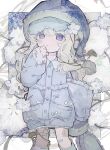  1girl @_@ absurdres bandaid bandaid_on_cheek bandaid_on_face bandaid_on_knee bandaid_on_leg blonde_hair blue_hat blue_jacket bow buttons commentary_request feet_out_of_frame flower frilled_jacket frilled_pillow frills gauze gauze_on_leg hair_flower hair_ornament hand_to_own_mouth hand_up hat highres holding holding_pillow jacket long_hair long_sleeves looking_at_viewer nightcap original outside_border pajamas parted_lips pillow plant purple_eyes sleep_mask sleeves_past_wrists solo soresaki uneven_eyes vines wavy_hair white_bow white_flower 