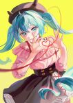  1girl 3: absurdres ahoge aqua_eyes aqua_hair beret black_beret black_nails black_skirt buttons commentary_request cross-laced_clothes cross-laced_skirt floating_hair frilled_skirt frilled_sleeves frills gradient_background hair_between_eyes hair_ornament hairclip hands_up hat hatsune_miku heart heart_button heart_hands high-waist_skirt highres jirai_kei long_hair looking_at_viewer nail_polish nemari_(user_wtca7244) pink_shirt red_ribbon ribbon shirt sidelocks simple_background skirt smile solo standing twintails vocaloid x_hair_ornament yellow_background 