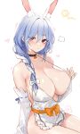  1girl animal_ear_fluff animal_ears apron blue_hair braid braided_ponytail breasts cleavage closed_mouth commentary_request detached_sleeves hair_over_shoulder halterneck highres hololive huge_breasts long_hair looking_at_viewer luminous mature_female multicolored_hair naked_apron pekomama rabbit_ears rabbit_girl red_eyes short_eyebrows solo thick_eyebrows virtual_youtuber white_apron white_hair white_sleeves 