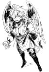  &gt;:) 1boy angel_wings arm_at_side armor breastplate elbow_gloves feathered_wings fingerless_gloves from_above full_body gloves gorget greaves greyscale hatching_(texture) high_contrast highres legs_apart live_a_live looking_to_the_side male_focus monochrome oersted omomomizu one_eye_covered open_mouth pauldrons short_hair shoulder_armor sideways_glance signature simple_background solo standing v-shaped_eyebrows white_background wings 
