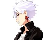  1boy earrings grin jewelry looking_at_viewer male_focus red_eyes rough_(talesrunner) silver_hair simple_background smile spiked_hair talesrunner teeth upper_body white_background white_hair 