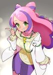  1girl blush bow-shaped_hair breasts collarbone earrings flower_earrings gomomo00 green_eyes index_finger_raised jewelry lab_coat long_hair long_sleeves medium_breasts miriam_(pokemon) multicolored_hair off-shoulder_sweater off_shoulder pencil_skirt pink_hair pokemon pokemon_sv purple_hair purple_skirt school_nurse skirt solo stethoscope streaked_hair striped_clothes striped_skirt sweater swept_bangs yellow_nails yellow_sweater 