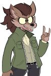 2020 5_fingers absurd_res anthro belt black_nose bottomwear brown_hair canid cheek_tuft clothing countershading devil_horns_(gesture) digital_drawing_(artwork) digital_media_(artwork) facial_tuft fangs fingers fur gesture green_clothing green_jacket green_topwear grey_bottomwear grey_clothing grey_pants hair hand_gesture hi_res inner_ear_fluff jacket male mammal narrowed_eyes open_mouth open_smile pants popped_collar qwerty_soda raised_hand sharp_teeth shirt simple_background smile solo standing tan_body tan_ears tan_face tan_fur tan_inner_ear_fluff teeth topwear tuft two_tone_face vest white_background yellow_clothing yellow_sclera yellow_shirt yellow_topwear