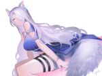  1girl animal_ear_fluff animal_ears arknights bare_shoulders black_shorts blue_nails breasts closed_mouth commentary_request feet_out_of_frame from_side grey_hair hair_over_one_eye long_hair looking_at_viewer looking_to_the_side medium_breasts nail_polish santalla_(arknights) shorts simple_background sitting smile solo tail very_long_hair white_background yunnasu 