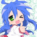  1girl ahoge blue_hair chibi green_eyes highres izumi_konata long_hair looking_at_viewer lucky_star mole mole_under_eye one_eye_closed open_mouth ryouou_school_uniform school_uniform serafuku smile solo take_shinobu thumbs_up 