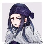  1girl ainu ainu_clothes asirpa black_hair cloak closed_mouth earrings fur_cloak golden_kamuy grey_background headband hoop_earrings jewelry long_hair looking_to_the_side purple_headband ruttu236 sidelocks simple_background solo twitter_username upper_body white_cloak 