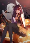  absurdres alternate_costume bangs bat bat_hair_ornament belt bipod black_legwear blurry blurry_background blush breasts bullpup collared_shirt commentary depth_of_field eyebrows_visible_through_hair food_themed_hair_ornament ghost girls_frontline gloves gun hair_ornament hair_ribbon half_updo halloween hand_up high_heels highres jack-o'-lantern jun.bit large_breasts long_hair looking_at_viewer navel necktie one_side_up open_mouth pantyhose pumpkin_hair_ornament purple_hair red_eyes ribbon rifle shirt sitting skirt sleeveless sleeveless_shirt sniper_rifle solo star sweatdrop very_long_hair wa2000_(girls_frontline) walther walther_wa_2000 weapon 