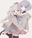  2girls a.i._voice affectionate arm_around_waist black_thighhighs black_undershirt blush braid brown_cardigan cardigan comedic_sweatdrop cowboy_shot expressionless from_side grey_background grey_hair grey_shirt grey_skirt heart hood hood_down hooded_cardigan hug kizuna_akari long_hair long_sleeves looking_at_another looking_at_viewer looking_to_the_side matching_outfits multiple_girls neckerchief open_cardigan open_clothes open_mouth orange_neckerchief pleated_skirt purple_eyes purple_hair purple_neckerchief ribbed_cardigan sailor_collar shirt short_hair sidelocks sikuku skirt smile standing standing_on_one_leg thighhighs voiceroid white_sailor_collar yuzuki_yukari yuzuki_yukari_(shizuku) zettai_ryouiki 