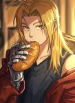  1boy automail black_shirt blonde_hair bread eating edward_elric food food_in_mouth fullmetal_alchemist highres holding holding_food jacket long_hair looking_at_viewer male_focus mechanical_arms namo_(mubulike) off_shoulder open_clothes open_jacket prosthesis prosthetic_arm red_jacket shirt single_mechanical_arm sleeveless sleeveless_shirt solo twitter_username yellow_eyes 