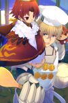  1boy 1girl apron armor badge benienma_(fate) bird bird_hat breastplate breasts brown_hat chef_hat cooking_pot echo_(circa) fate/grand_order fate_(series) feather_trim gauntlets gawain_(fate) hat japanese_clothes kimono long_hair long_sleeves low_ponytail mashed_potatoes parted_bangs pauldrons red_eyes red_hair red_kimono seiza shoulder_armor sitting small_breasts sparrow very_long_hair white_apron white_hat wide_sleeves wooden_spoon 