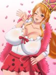  1girl blush breasts cape cleavage crown dress earrings erect_nipples frills jewelry large_breasts lips long_hair looking_at_viewer mikanberry nami_(one_piece) nipples one_eye_closed one_piece orange_hair red_eyes smile solo wink 